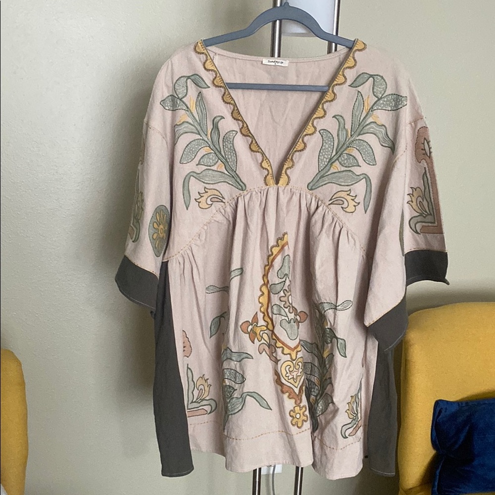 Embroidered Floral V-Neck Boho Dress
